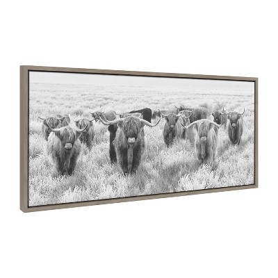 Herd of Highland Cows Black and White Framed Canvas Art