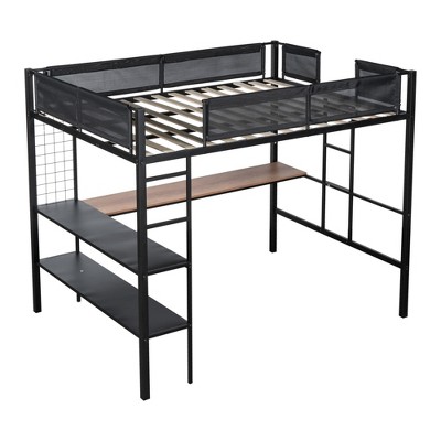 Bellemave Metal Full Size Loft Bed with Desk / Sturdy Metal Bed Frame/ Noise-free Wood Slats/ Comfortable Textilene Guardrail，Suitable for teenagers