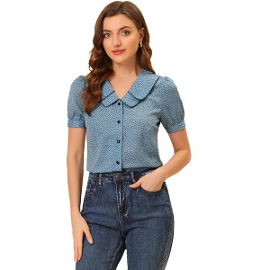 INSPIRE CHIC Women's Vintage Polka Dots Peter Pan Collar Puff Short Sleeve Shirt - 1 of 4