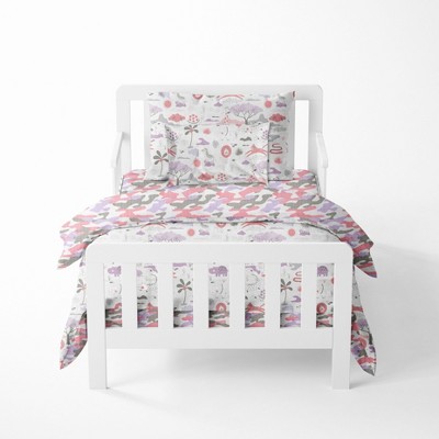 Bacati - Jungle Safari Girls Lilac/Coral Muslin 5 pc Toddler Bedding Set with Dec Pillow