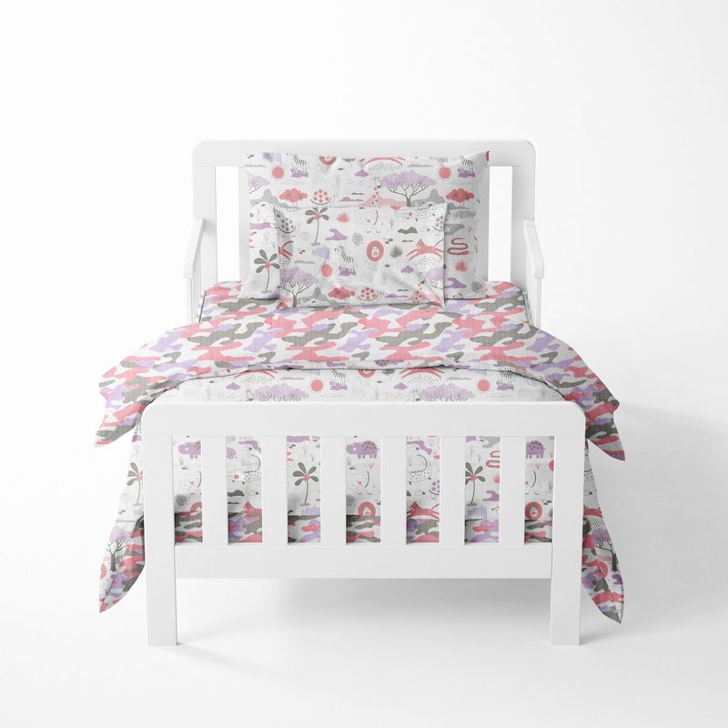 Bacati - Jungle Safari Girls Lilac/Coral Muslin 5 pc Toddler Bedding Set with Dec Pillow, 1 of 10