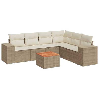 vidaXL 7 Piece Patio Sofa Set with Cushions Beige Poly Rattan - Table + Corner + 3x Middle