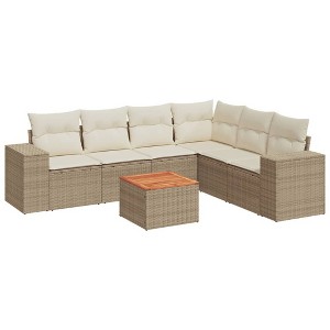 vidaXL 7 Piece Patio Sofa Set with Cushions Beige Poly Rattan - Table + Corner + 3x Middle - 1 of 4
