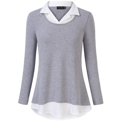 BLUEMING Womens Polo Shirts Color Block Faux Layering Shirts Plaid Shirts Teacher Shirts Everyday Tops
