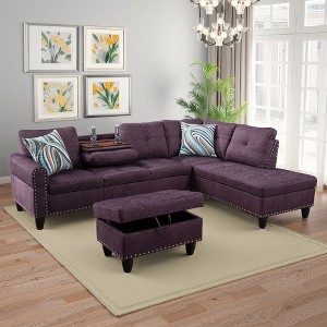 3-Piece L-Shaped Combination Sofa Set in Grey Linen for Living Room - 1 of 4