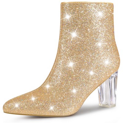 Perphy Women's Sparkly Glitter Upper Side Zipper Clear Block Heel Ankle Booties