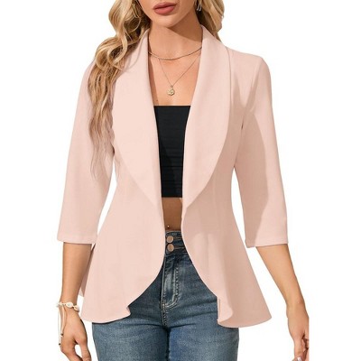 Womens 3/4 Sleeve Open Front Peplum Blazer Causal Business Notched Lapel Jacket Lightweight Slim Fit Suits Office Formal Blazer Jacket - Apricot,2XL