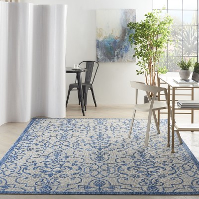 Ivory & Blue Classic Scroll 7' x 10' Synthetic Outdoor Rug