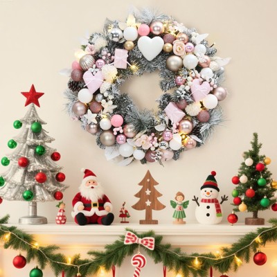 24 Inch Prelit Christmas Wreath for Front Door, Artificial Xmas Wreath with 20 LED Lights, Heart Gift Box Ornaments, Xmas Decor for Fireplace, Pink