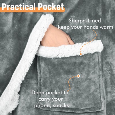 Gray Sherpa Fleece Wearable Blanket with Sleeves and Foot Pockets