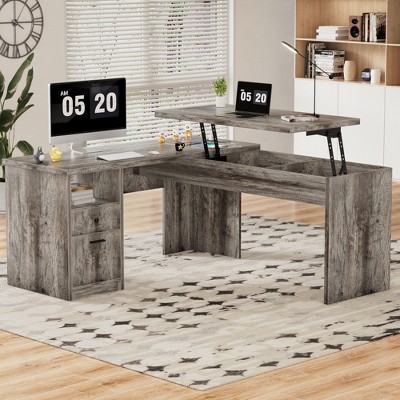 Aheaplus 56'' Lift Top Computer Desk with Drawers and Power Outlets, Lift Top