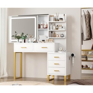46.8'' Vanity Desk with Mirror, LED Lights and Power Outlet, Makeup Vanity Table with 5 Drawers - 1 of 4