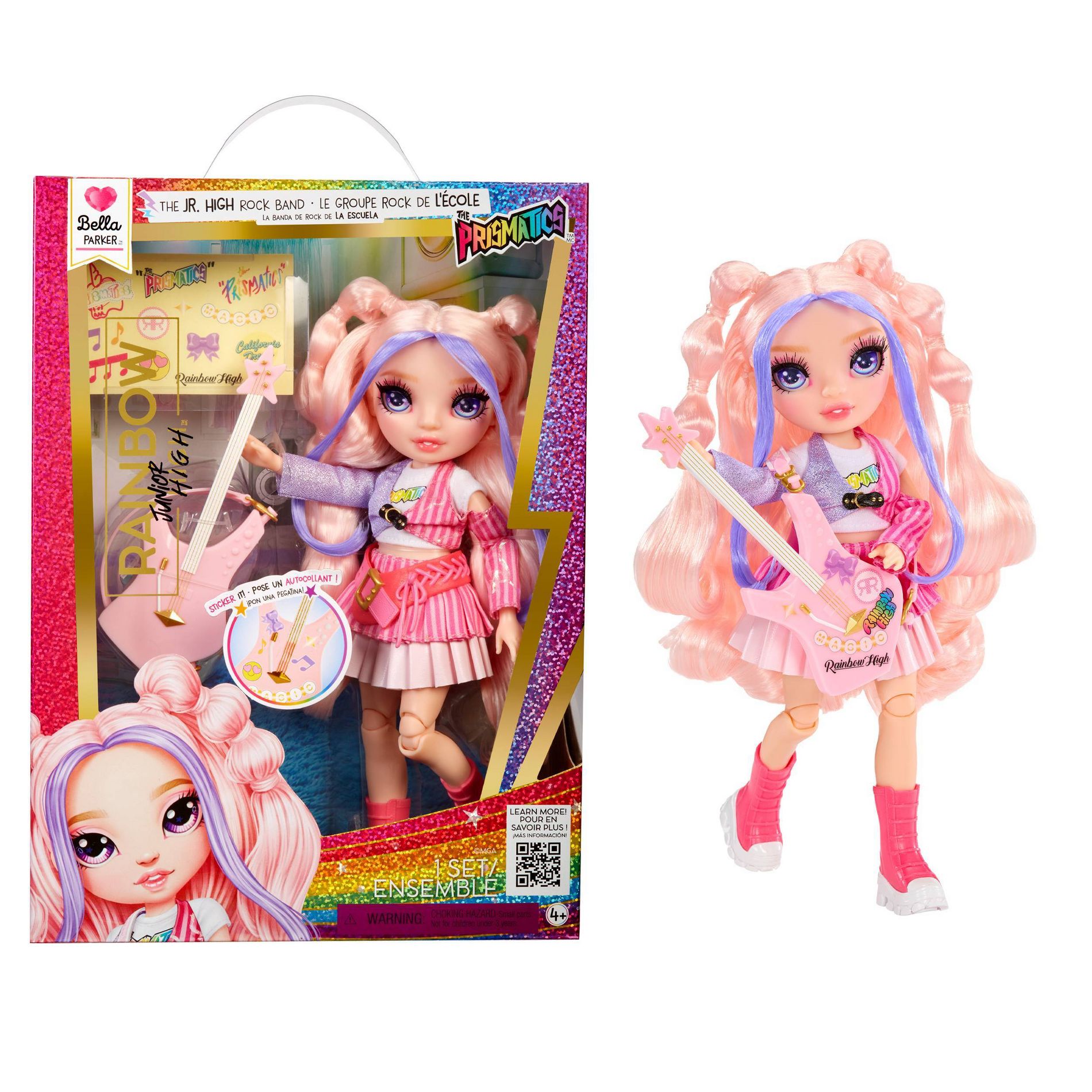 Rainbow High Jr High Rock Band - Bella, Pink 9" Fashion Doll with Guitar, Customize with Stickers