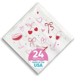 Big Dot of Happiness Drinks with the Girls Napkins, Galentine's Day or Bows, Hearts, Cherries Birthday, White 3-Ply Paper Beverage Napkins - 24 Count - 1 of 4