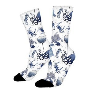 Watercolor Seahorse Turtle Octopus Women Printed Crew Socks Funny Funky Socks Soft Polyester Novelty Gifts for Artists Men - 1 of 1