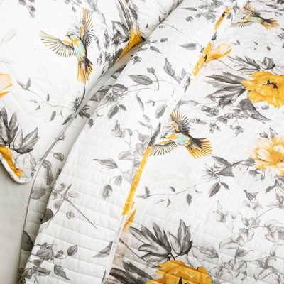 Gray and Yellow Cotton Floral Reversible Full Quilt Set