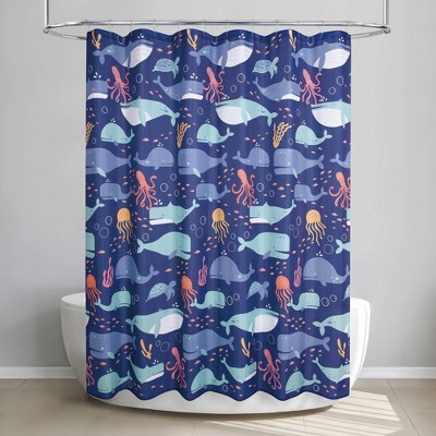 Blue Multi Whales Polyester Fabric Kids' Shower Curtain