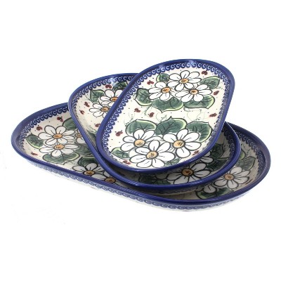 Blue Rose Polish Pottery Ladybug 3 Piece Oval Server Set