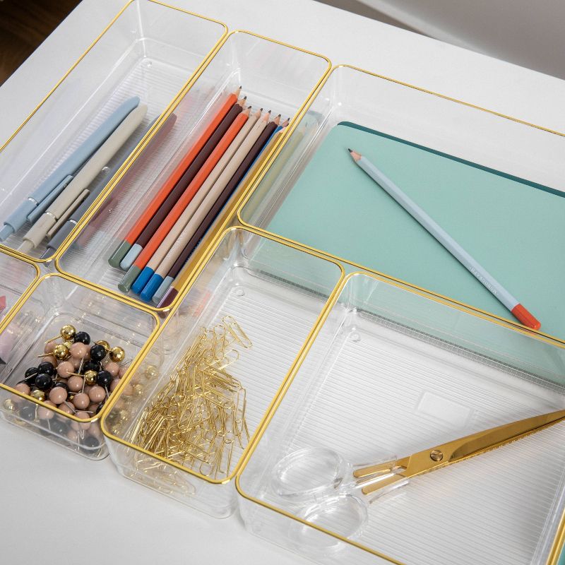 Martha Stewart 8pc Plastic Stackable Office Desk Drawer Organizers with Gold Trim Clear, 4 of 13
