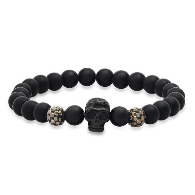 Steeltime Men's black lava beads, gray crystals and black ip stainless steel skull beaded stretch bracelet