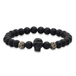 Steeltime Men's black lava beads, gray crystals and black ip stainless steel skull beaded stretch bracelet - 1 of 4