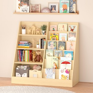 Okak 4 Tier Multifunctional Kids Bookshelf Toy Storage Organizer,Wooden Kids Bookcase with Display Stand for Kids Bedroom,Playroom - 1 of 4