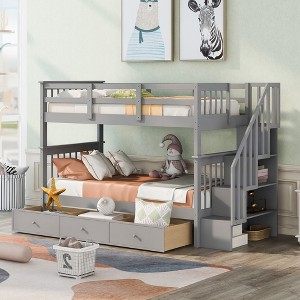 Whisen Twin-Over-Twin Bunk Bed, Bed Frame with Three Drawers, Stairway, Full-length Guardrail - 1 of 4