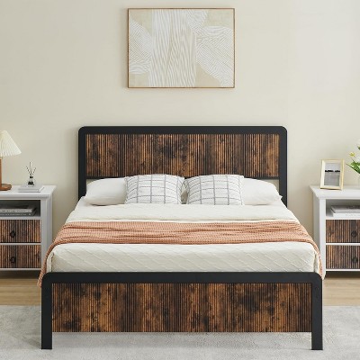 Queen Size Platform Bed Frame with Wave Wood Headboard, Safe Rounded Corners, Strong Metal Slats, No Box Spring Needed