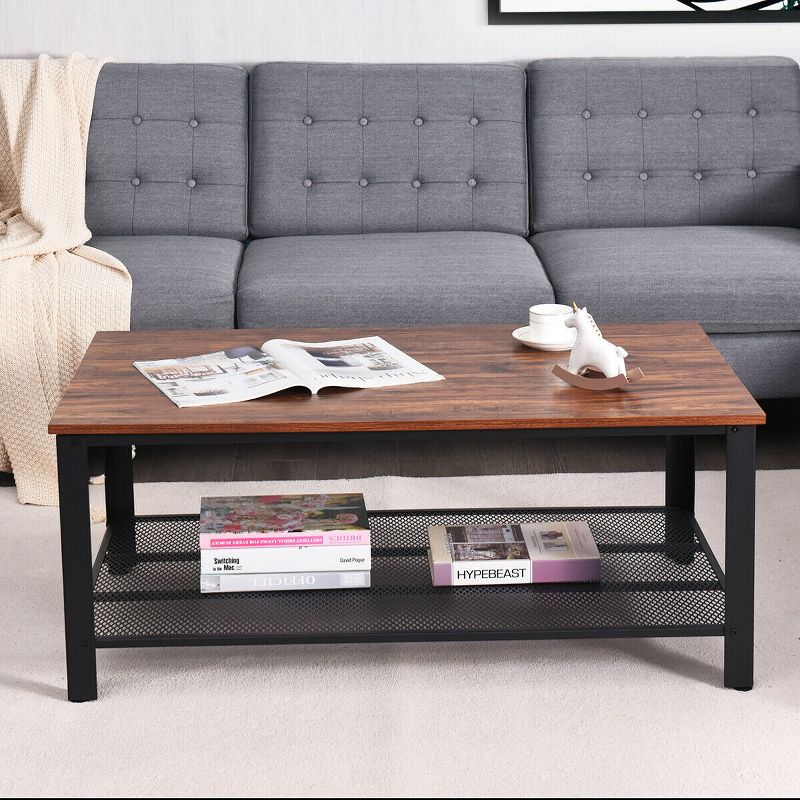 Costway Coffee Table Console Table with Storage Shelf and Metal Frame Wood Look Brown/Grey, 3 of 5
