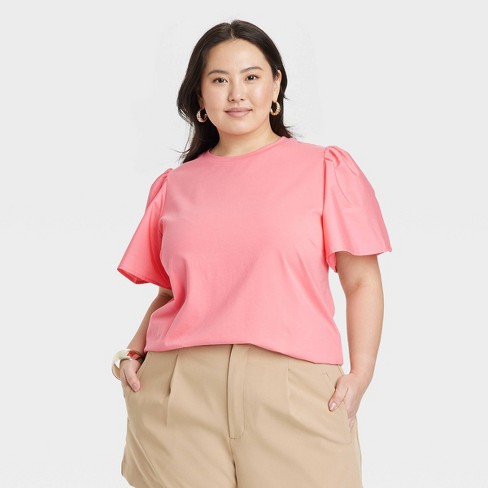 Women's Slim Fit Drape Wrap T-shirt - A New Day™ Pink 1x : Target