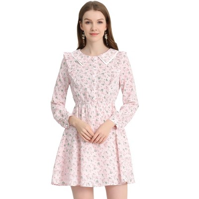 INSPIRE CHIC Women's Floral Ruffle Trim Doll Collar Smocked Waist A-line Dress