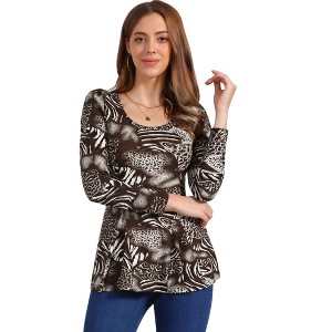 INSPIRE CHIC Women's Long Sleeves Padded Shoulder Scoop Neck Printed Peplum Shirt - 1 of 4