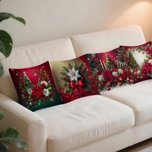 Lomsoe 4pcs Festive Christmas Throw Pillow Covers, Red Background with Christmas Tree Print, Zippered Polyester Cushion Cases for Living Room Decor - 1 of 4