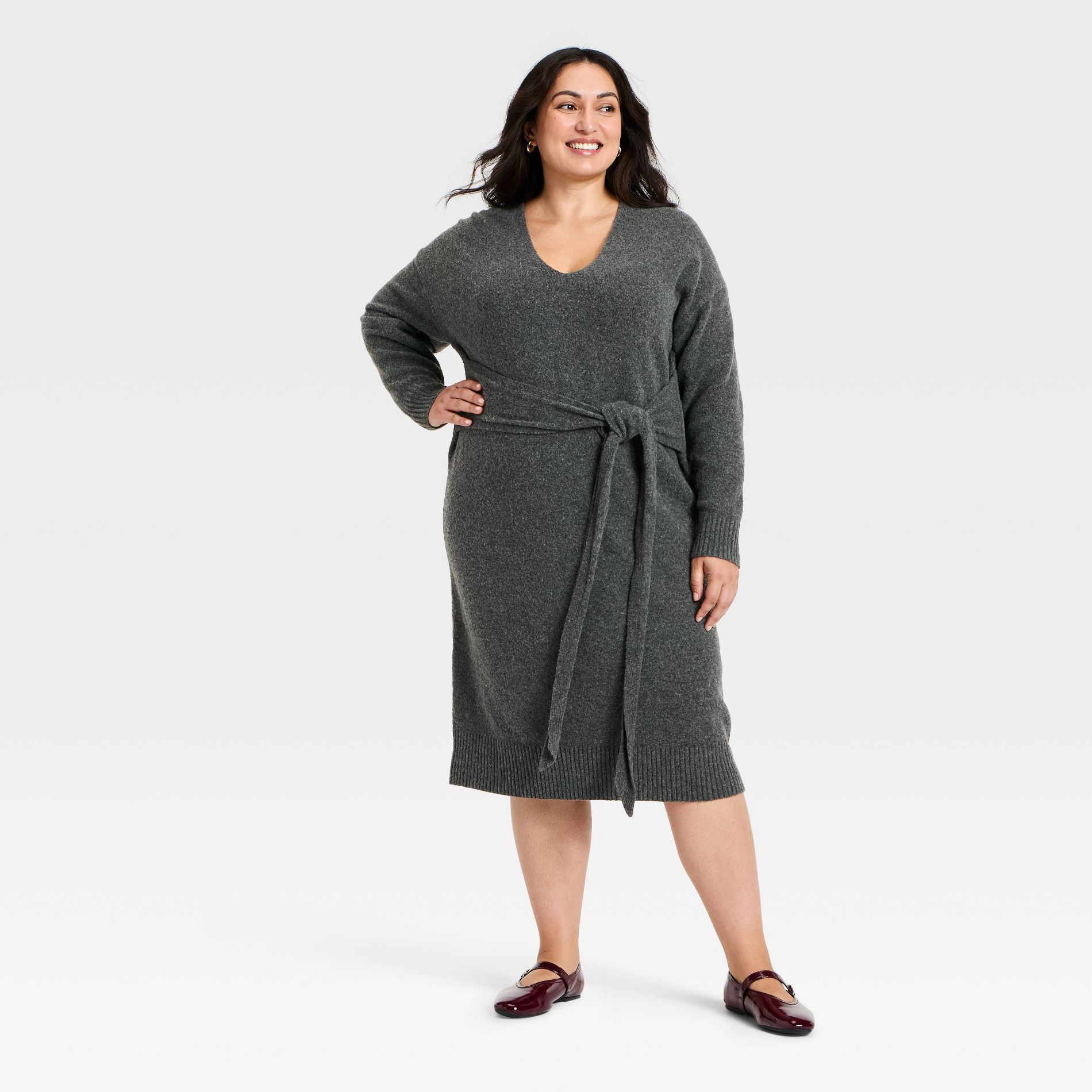 Women's Long Sleeve Midi Sweater Dress - Ava & Viv™ Charcoal Gray