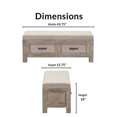 Weathered Ash Cottage-Inspired Upholstered Storage Bench with Black Metal Accents