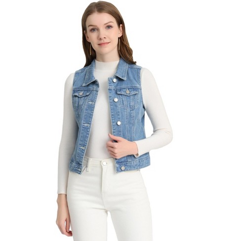 Allegra K Women's Buttoned Washed Denim Vest with Faux Chest Flap Pockets  Light Blue-B Small