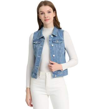 Allegra K Women's Buttoned Washed Denim Vest with Faux Chest Flap Pockets