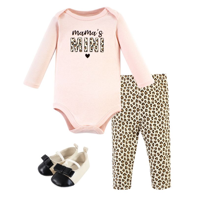 Hudson Baby Infant Girl Cotton Long-Sleeve Bodysuit, Pant and Shoe Set, Leopard Hearts, 1 of 6