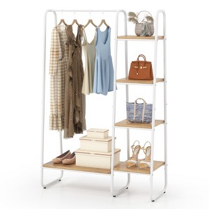 Tangkula Clothes Rack with Shelves, Free-Standing Metal Garment Clothing Rack with Hanging Rod 5 Wooden Shelves Adjustable Foot Pads Natural+White - 1 of 4