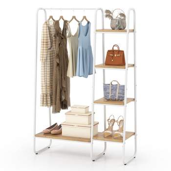 Tangkula Clothes Rack with Shelves, Free-Standing Metal Garment Clothing Rack with Hanging Rod 5 Wooden Shelves Adjustable Foot Pads Natural+White/ Rustic Brown+Black
