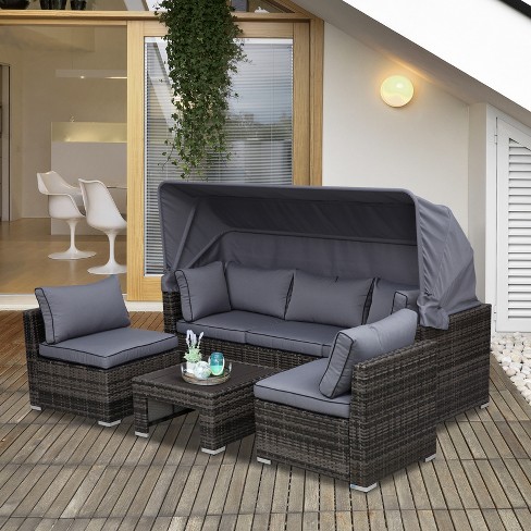 Outsunny 4-piece Outdoor Rattan Wicker Sofa Set With Retractable Sun