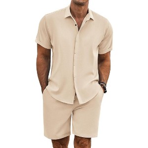 COOFANDY Men's Summer Beach Outfits 2 Piece Short Sleeve Shirts and Shorts Vacation Texture Linen Sets for Men - 1 of 4