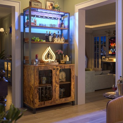 Aheaplus Bar Cabinet with Power Outlets, Wine Bar Cabinet Liquor Cabinet with LED Lights & Glass Holder