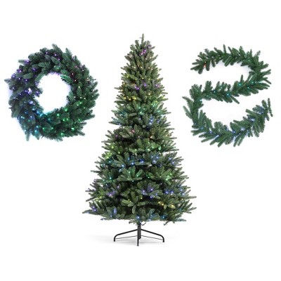 Twinkly Pre Lit App Controlled 7.5 Foot Artificial Holiday Tree, 24 Inch Diameter Wreath, and 9 Foot Garland Strand with RGB and White Light Options