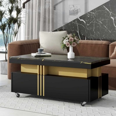 Lirago Rectangle Coffee Table Faux Marble Top Gold Metal Bars Caster Wheels Spacious Drawers Modern Luxury Cocktail Table Living Room Black