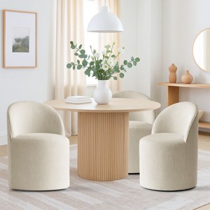 Modern Upholstered Dining Chair with Castors Round Barrel Dining Room Chair Linen Dining Chairs Set of 3 for Kitchen Dining Room-Tanpinhause - 1 of 4