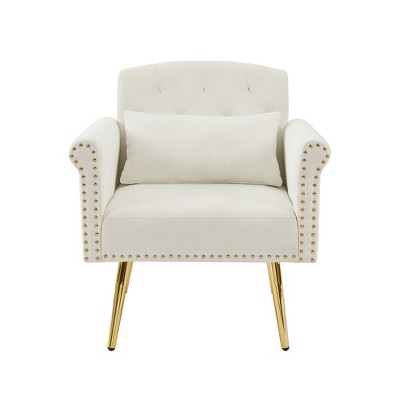 TIRAMISUBEST Velvet Armchair - Plush White Accent Chair with Gold Metal Legs, Modern Lounge Chair for Living Room, Bedroom & Office