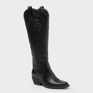 Women’s Kenzie Wide Calf Tall Western Boots with Memory Foam Insole – Wild Fable™ Jet Black 9.5WC: Knee-High, Block Heel - 1 of 4