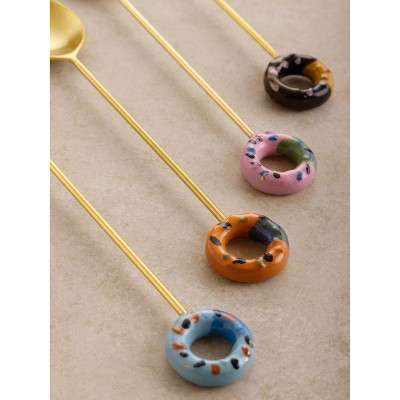 Multicolor Matte Gold Stainless Steel Teaspoons with Whimsical Doughnut Design, Set of 4