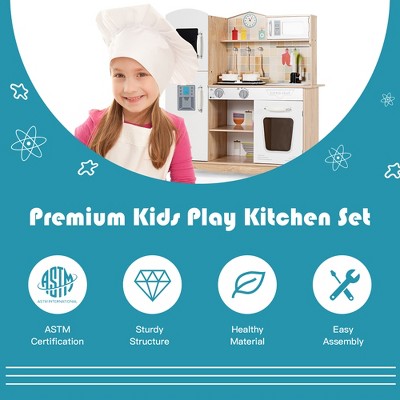 White and Natural Wooden Kids Pretend Kitchen Playset with Utensils and Sound